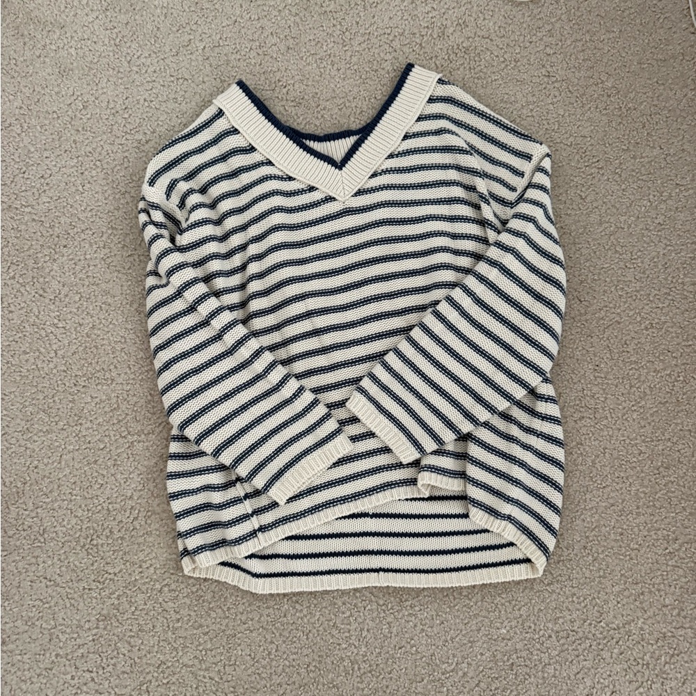 American Eagle Outfitters Cream and Navy Striped V-Neck Oversized Sweater